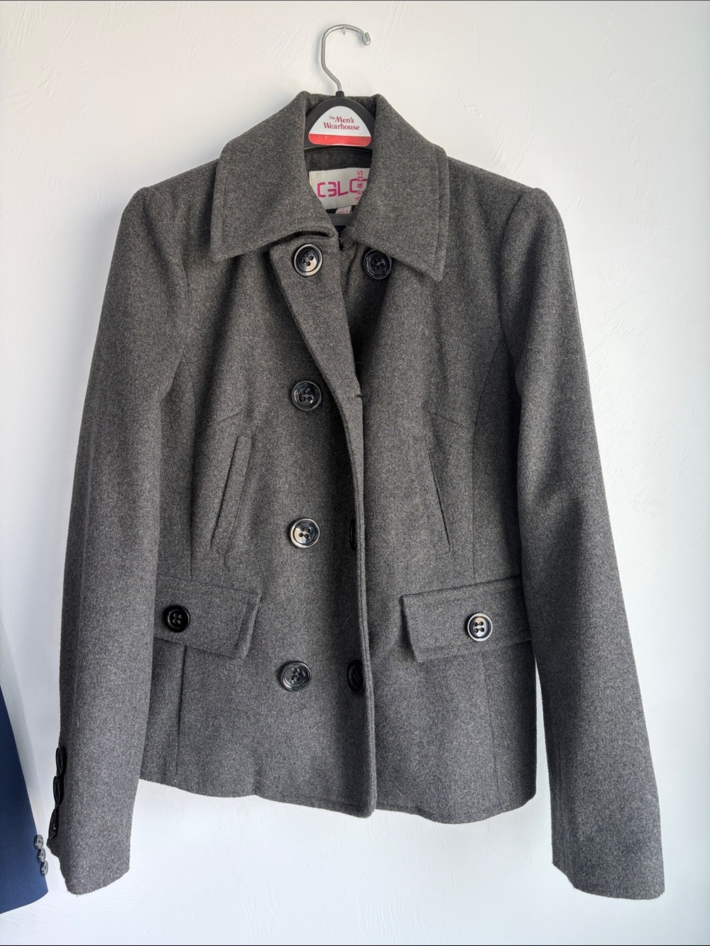 Women's Gray Double-Breasted Wool Blend Peacoat L